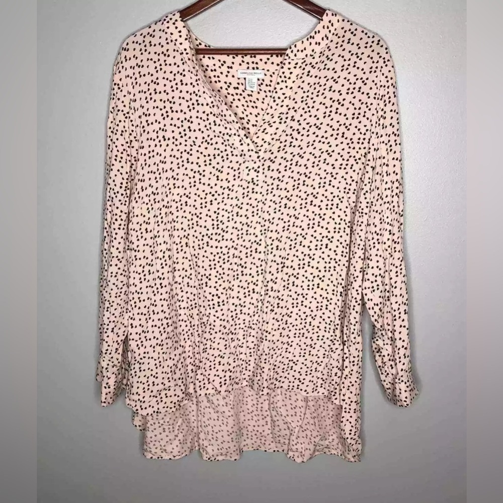 Carolina Belle Light Pink Heart Print Blouse Roll Tab Long Sleeve 3X NWT